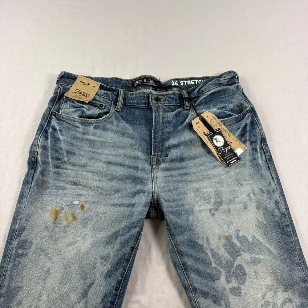 PRPS Jeans Mens 36x34 Blue Slim Tapered Stretch Denim Distressed Grunge NEW